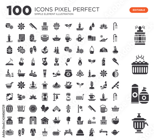 Set of 100 icons such as Samovar, Gel, Stones, Hot tub, Shower, Water tap, Hat, Sauna, Soap