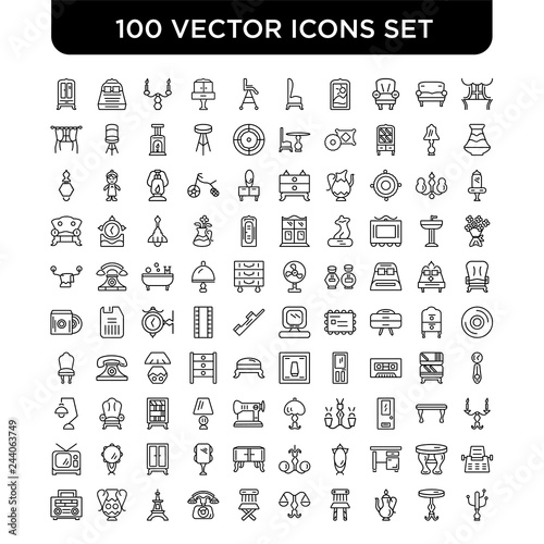 Wallpaper Mural Outline set of 100 Vector line icons such as Window, Table, Coffee pot, Chair, Balance, Telephone, Eiffel tower, Vase, Radio Torontodigital.ca