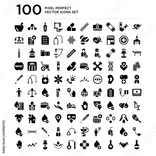 100 pack of Heartbeat, Handshake, Flask, Blood, Band aid, Test tubes, Medicine, Blood icons, universal icons set