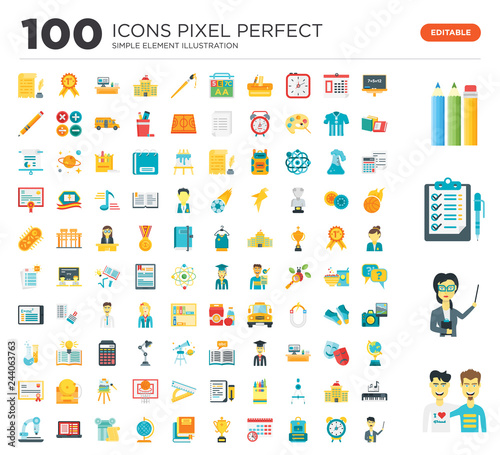 100 Set of icons such as Friends, Teacher, Checklist, Pencils, Chalkboard, Alarm clock, Backpack, Timetable, Trophy, Books