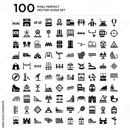 100 linear pack of Hot air balloon, Castle, Roller coaster, Merry go round, Swing, Train, Tickets, Slide, Bouncy castle, Popcorn line icons, universal thin stroke icons set