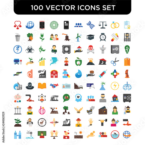 Set of 100 Vector icons such as Policy, Malaria, Population, Poverty, Drought, In love, Human rights, Teacher, Faucet, Desalination