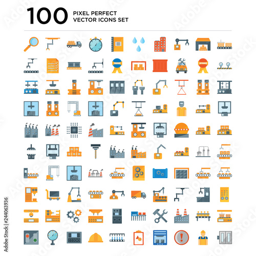 100 pack of Conveyor, Worker, Warning, 3d printer, Plan, Helmet, Control panel, Manometer, Switch icons, universal icon set