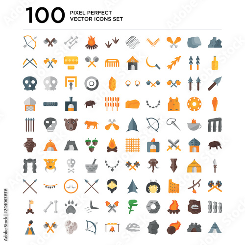100 pack of Rock, Cave, Meteorite, Skull, Cooking, Bow, Egg, Axe, Volcano icons, universal icon set