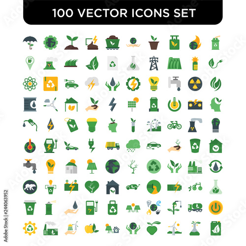 Set of 100 Vector icons such as Recycle bin, Lab, Wind power, , Save, Solar panel, Organic food, Renewable energy, Factory, Recycling