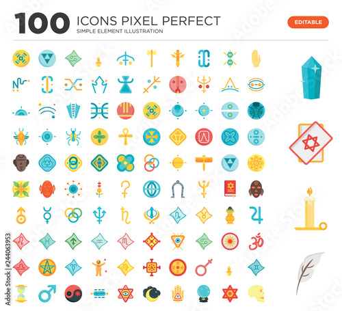 100 Set of icons such as Quill, Candle, Tarot, Crystal, Palm, Esoteric, Crystal ball, Hand, Moon, Eye