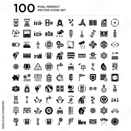 100 pack of Renewable energy, Rain, Battery, Sustainable factory, Flower, Gas station, Electric Globe icons, universal icons set