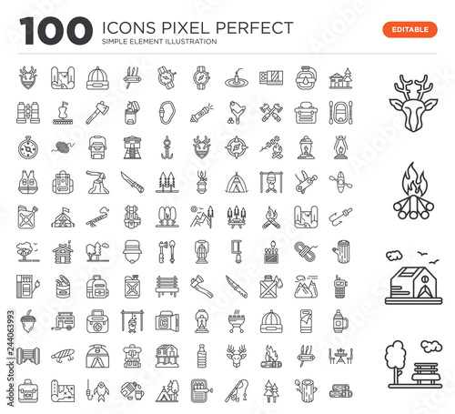 Set of 100 linear icons such as Park, Tent, Campfire, Deer, Cottage, Log, Trees, Fishing rod, Sardines, Tent