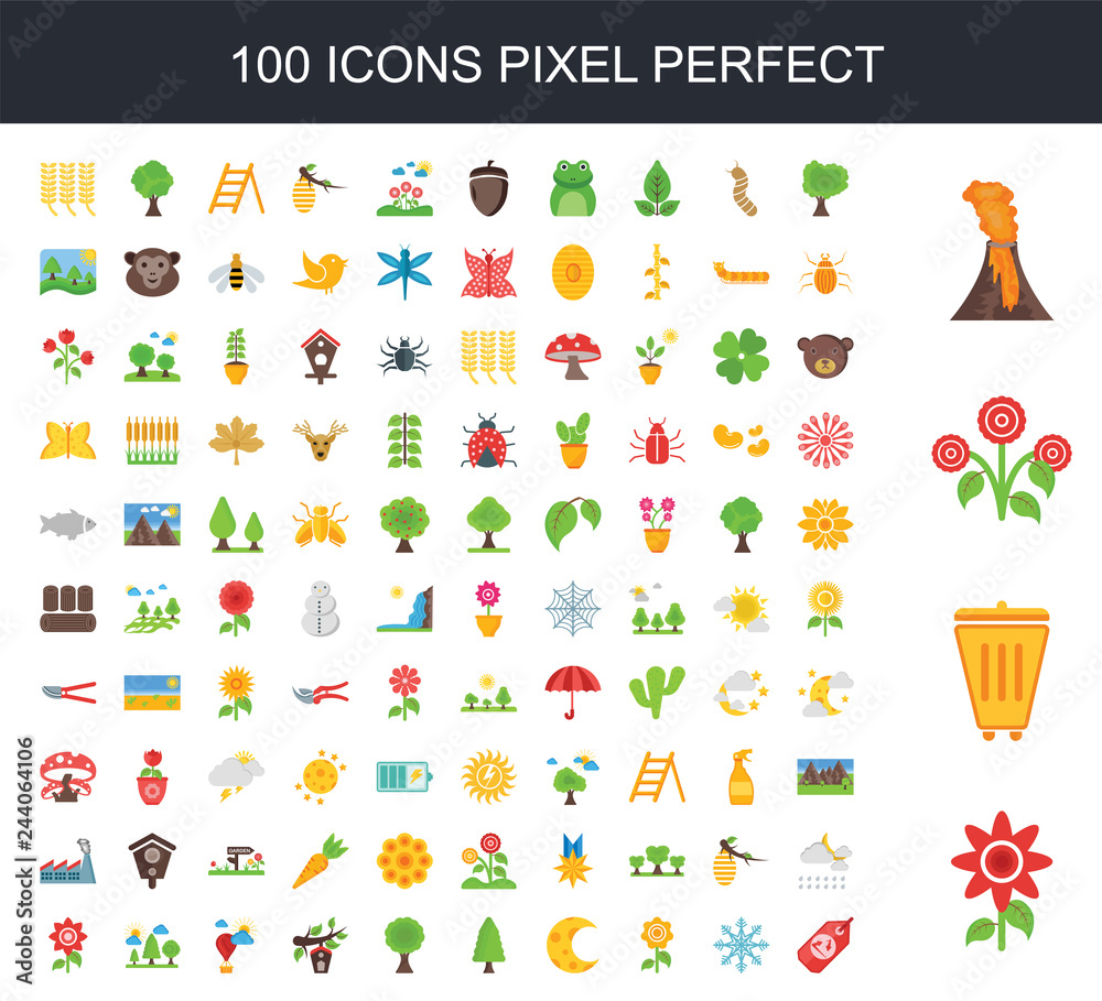 Fototapeta 100 icon set. Trendy simple icons such as Flower, Trash, Flowers, Volcano, Tree, Snowflake, Nature, Moon, Tree