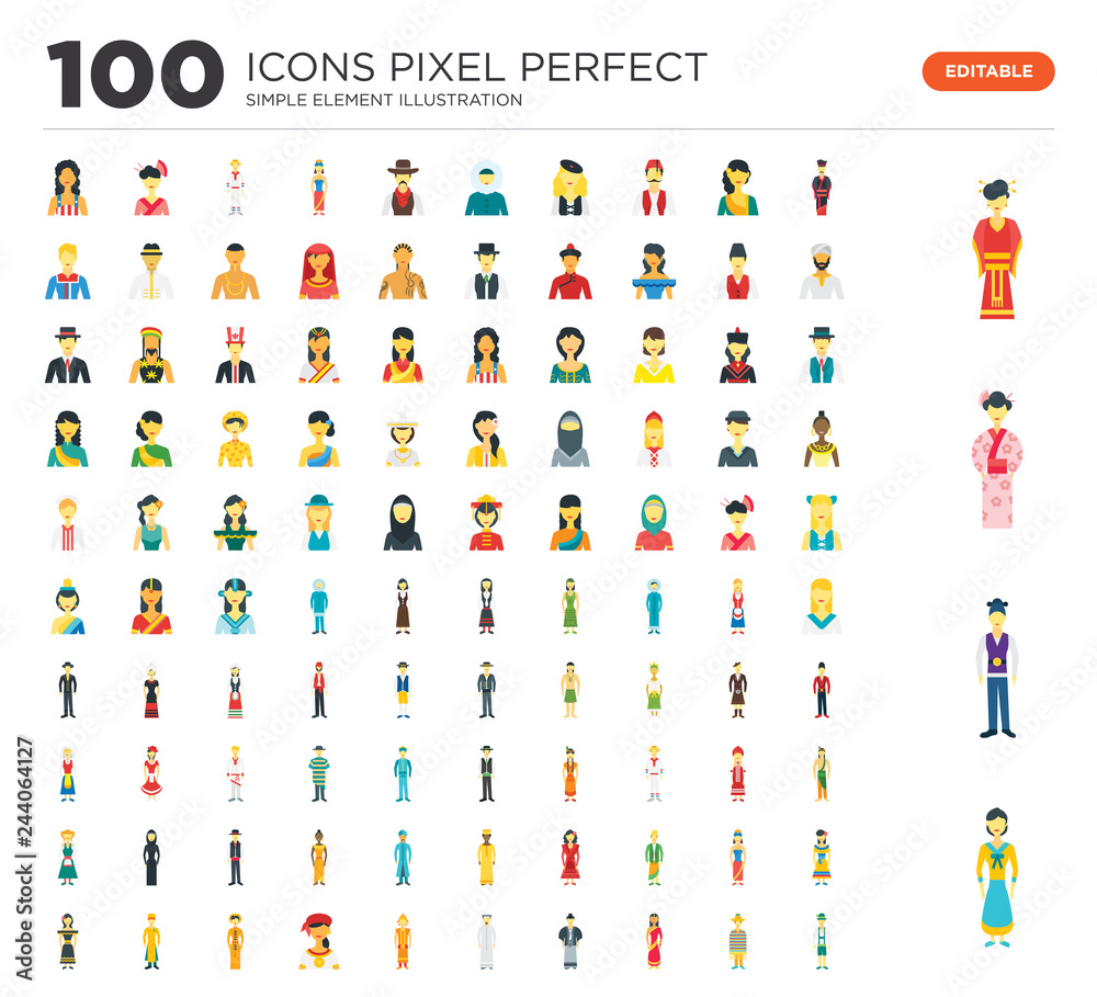 100 Set of icons such as Korean, Japanese, Chinese, Mexican man, Indian, Saudi, Thai