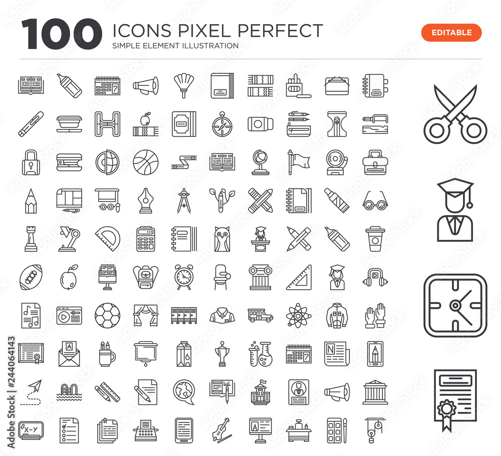 Set of 100 linear icons such as Diploma, Clock, Graduate, Scissors, Agenda, Watercolor, Teacher desk, Computer, Violin, Ebook