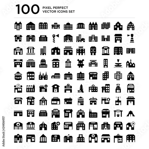 100 pack of Embassy, Pharmacy, Cafe, Clinic, Station, School, Post office, Bank, Clothes, Police icons, universal icons set