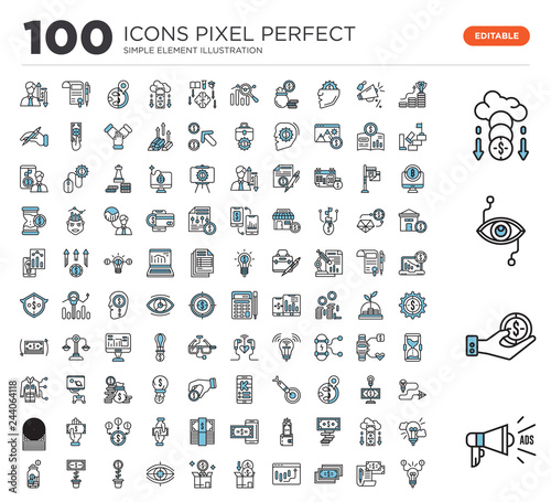 100 Set of icons such as Megaphone, Coin, Bionic contact lens, Crowdfunding, Growth, Contract, Money, Stock, Crowdfunding