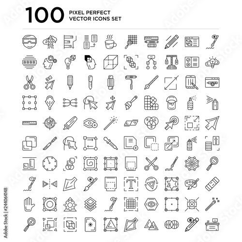 100 linear pack of Pen, Pencil, Opacity, Divide, Selection, Polygon, New file, Perspective, Expand, Zoom in line icons, universal thin stroke icons set