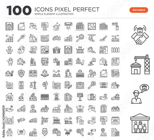 Set of 100 linear icons such as Home, User, Construction, Deal, House, Placeholder, House key, Solar panel,