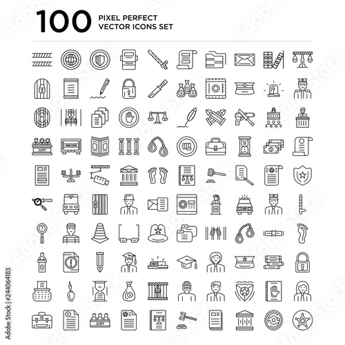 100 linear pack of Libra, Fingerprint, Courthouse, Newspaper, Gavel, Law book, Agreement, Jury, Act, Portfolio line icons, universal thin stroke icons set