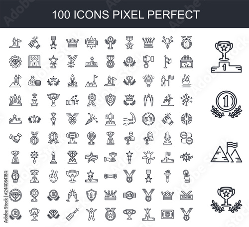 100 line icon set. Trendy thin and simple icons such as Winner, Flag, First, Trophy, Victory, Winning, Star, Winner