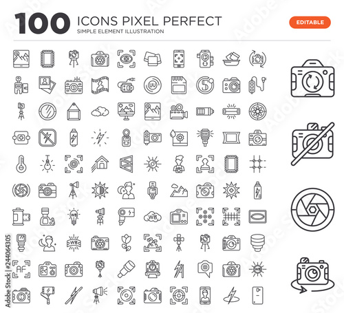 Set of 100 linear icons such as Rotate, Lens, No camera, Flash, Front Focus, Camera, Focus