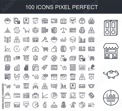 100 line icon set. Trendy thin and simple icons such as Barcode, Piggy bank, Store, Folder, Pie chart, Box, Coin, Stand, Price tag, tag