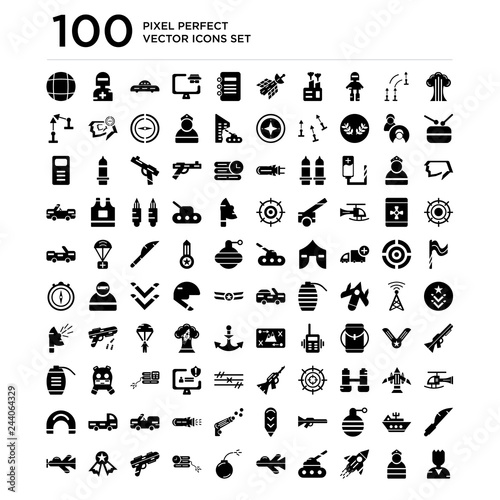 100 pack of Explosion, Soldier, Missile, Tank, Jet, Bomb, Dynamite, Gun, Medal, Plane icons, universal icons set