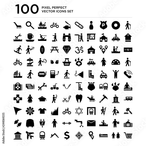 100 pack of Pedestrian Walking, Men and Women Toilet, Sleeping Bed, Map localization, Snowflake, American Dollar, House Roof, Train on railroad, Aeroplane, Public Museum icons, universal icons set
