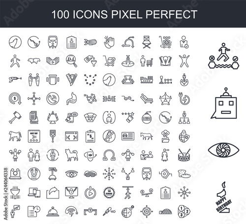 100 line icon set. Trendy thin and simple icons such as 1st birthday, hypnosis, , attempt, user, igloo, gyroscope, daylight savings, cricket bat, dead end