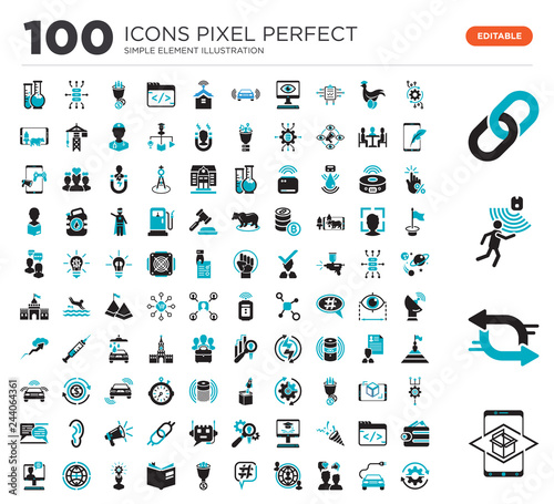 100 Set of icons such as Augmented reality, Exchange, Motion sensor, Chain, Algorithm, Electro car, Brand Engagement, Outsourcing, Hashtag, Lead Conversion