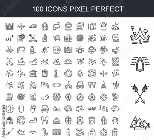 100 line icon set. Trendy thin and simple icons such as Forest, Arrow, Boat, Camping, Compass, Passport, Travel, Oxygen tank, Window