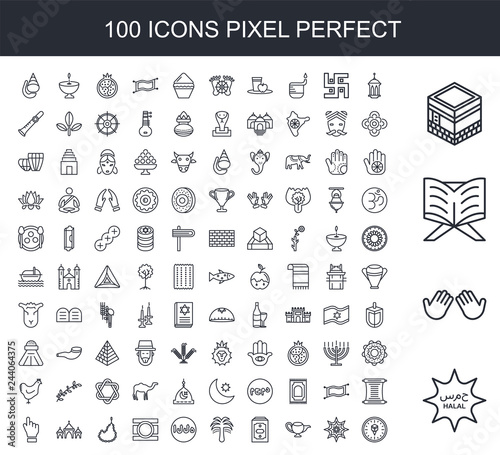 100 line icon set. Trendy thin and simple icons such as Halal, Dua Hands, Reading Quran, Kaaba Mecca, Islamic Lantern, Arabic Art, Genie Lamp, Holy Palm Tree with Date, Allah Word