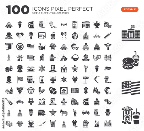 Set of 100 icons such as Popcorn, United states, Burger, White house, Movie, Cola, Casino, Coffee, Capitol, Indian