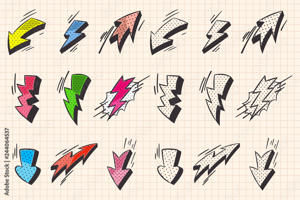 Arrow and lightning flash comic book and doodle style elements. Vector cartoon icons set isolated on a notebook page background. Arrow and lightning flash comic book and doodle style elements. Vector cartoon icons set isolated on a notebook page background.
