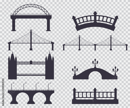 Bridges black silhouette vector simple icons set isolated on transparent background.
