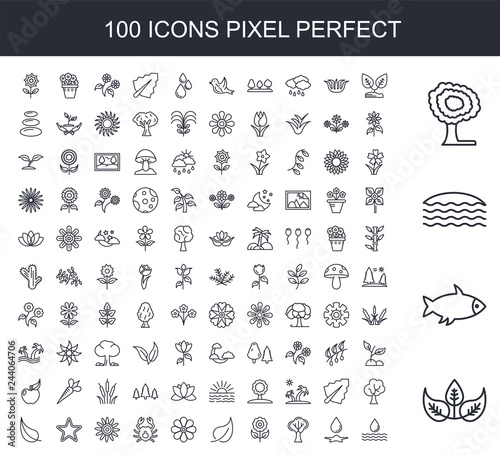 100 line icon set. Trendy thin and simple icons such as Sprout  Fish  Ocean  Tree  Watering  Flower  Leaf  Flower