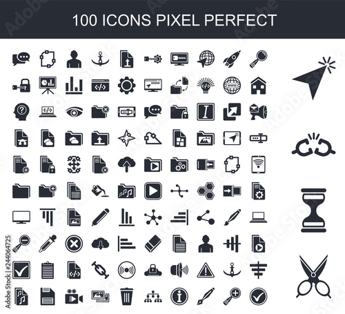 100 filled icon set. Trendy simple icons such as Scissors, Hourglass, Broken link, Cursor, Search, Zoom in, Pen, Info, Hierarchical structure, Trash