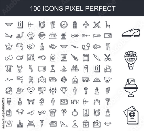 100 line icon set. Trendy thin and simple icons such as Passport, Wedding cake, Bouquet, Shoe, Chair, invitation, Gift box, Bride, Heels, Calendar