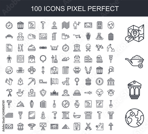 100 line icon set. Trendy thin and simple icons such as World, Pillars, Cart, Map, Face, Stone, Sword, Old paper, Egypt, Fossil