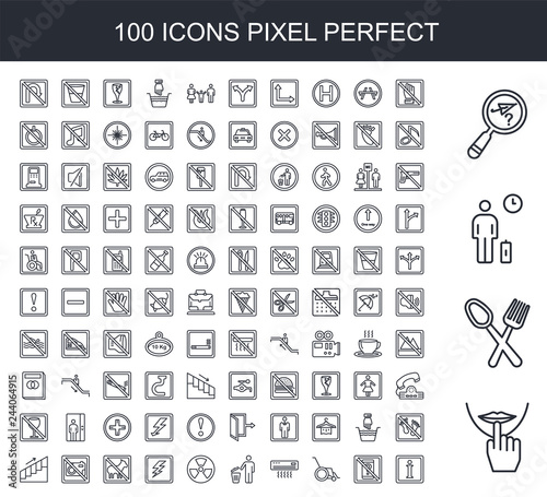 100 line icon set. Trendy thin and simple icons such as Silence, Restaurant, Waiting room, Lost items, No touch, phone, Wheelchair, Air conditioner, Garbage, Nuclear