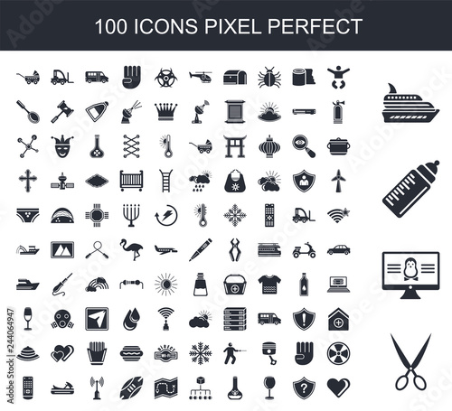 100 filled icon set. Trendy simple icons such as Open Scissors, Computer Screen Linux, Baby milk bottle