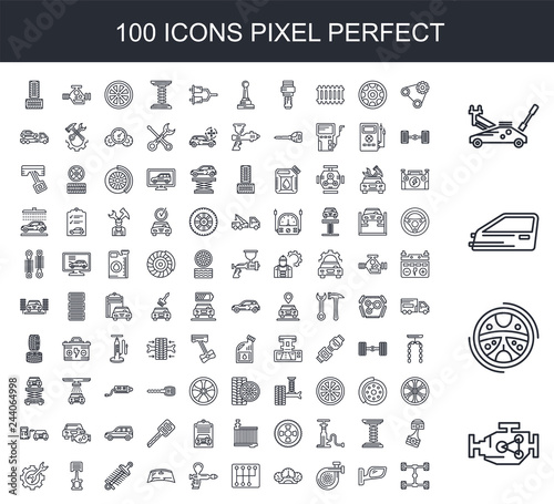 100 line icon set. Trendy thin and simple icons such as Engine, Steering, Car door, Hydraulic jack, Timing belt, Rearview mirror, Air filter, Dashboard, Gearshift, Spray paint