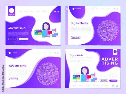Advertising web page templates: woman gives ad on billboard, email and social media. Flat gradient icons. Vector illustration for presentation, business plan.