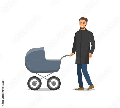 Pram with Newborn Child and Father Isolated Vector