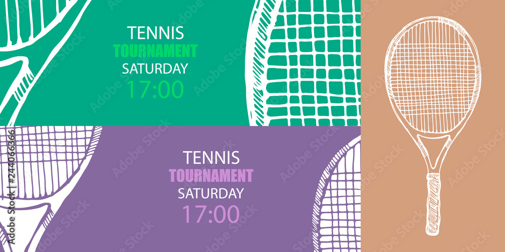 Set of color designs of banners for tennis. Sketch tennis racket, hand ...