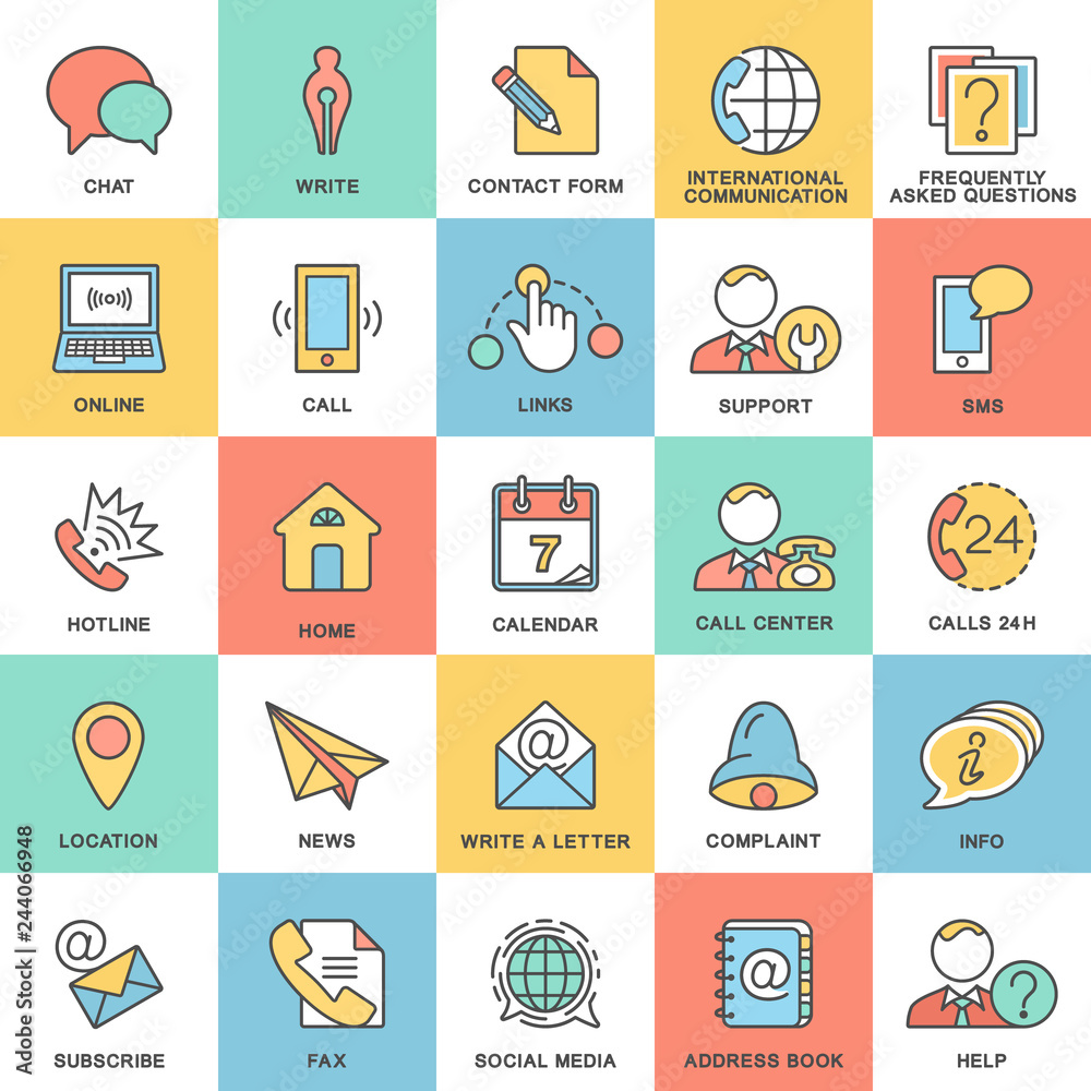 Icons contact us. Methods of communication with the contact center and information. The thin contour lines with color fills. Icons contact us. Methods of communication with the contact center and information. The thin contour lines with color fills.