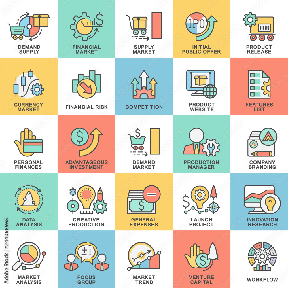 Icons of business management and financial market trends. Creation, financing and implementation of an innovative product. Analysis of supply and demand of the market.