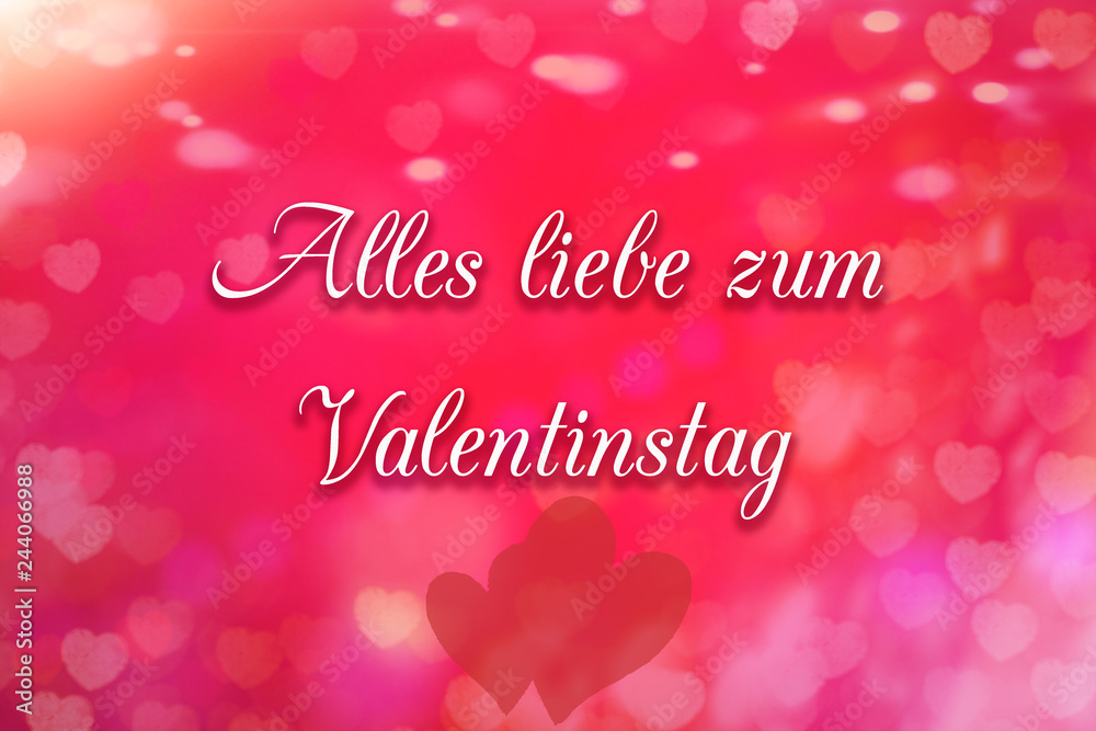Greeting card with colorful hearts in the background with the text Happy Valentines Day in German language