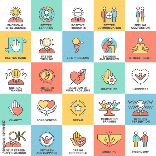 Icons psychological features of human personality. Thoughts, emotions, empathy, assistance and relationships. The thin contour lines with color fills.