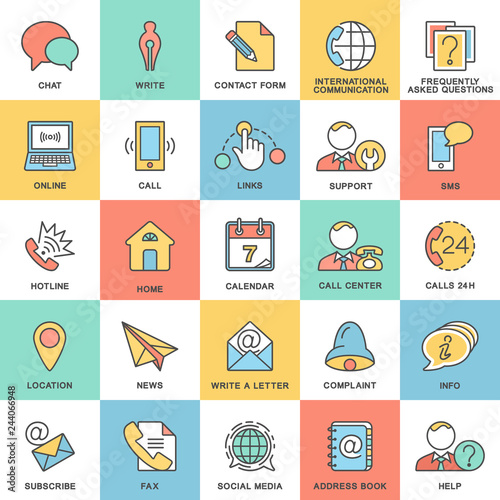 Icons contact us. Methods of communication with the contact center and information. The thin contour lines with color fills.