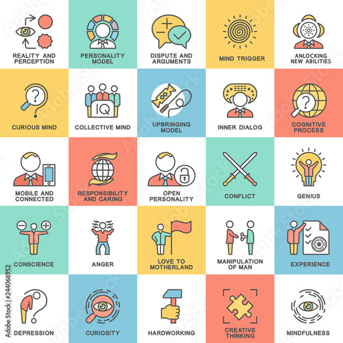 Icons personality psychology. Perception; will; abilities. Relations; behavior; self-esteem; mindfulness. The thin contour lines with color fills.