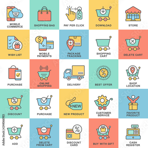Icons for the site of the online store. The thin contour lines with color fills.