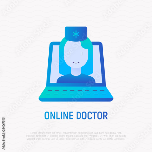 Online doctor gradient flat icon: doctor on screen of laptop. Modern vector illustration of online medical consultant.